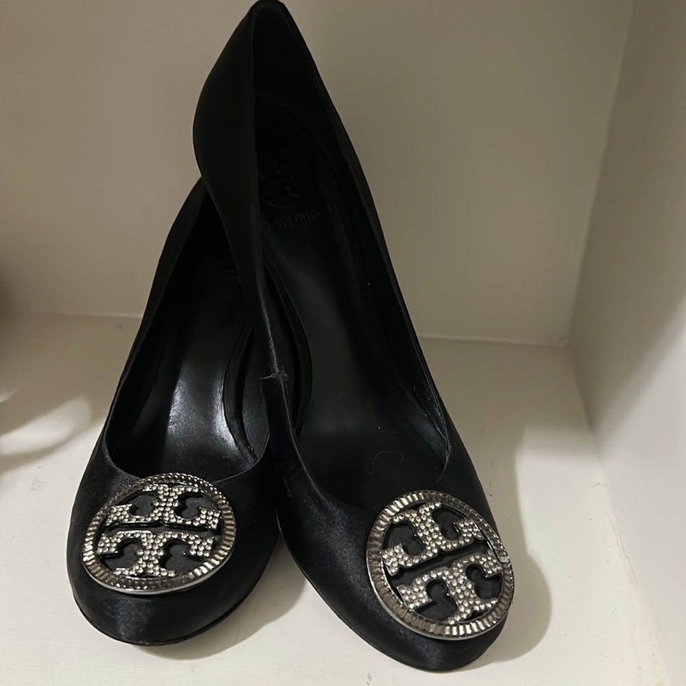 Tory Burch black satin rhinestone closed toe heels